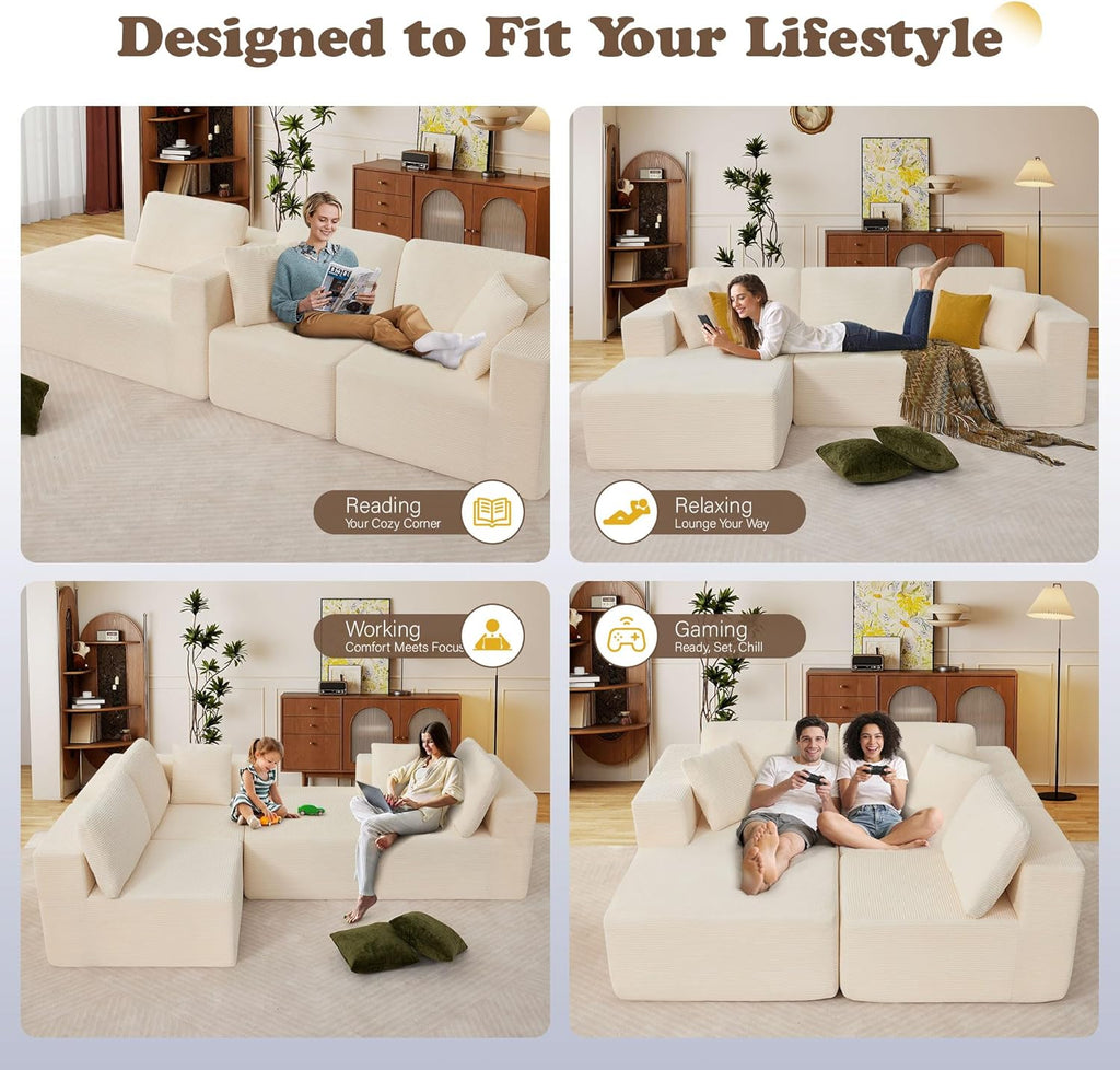 109” Cloud Sectional Couch, Boneless Modular Sofa with L-Shape Chaise, Deep Seat Corduroy Couch, No Assembly Required, Modern Upholstered Sectional for Living Room Apartment Bedroom