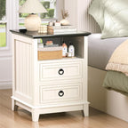 Farmhouse Nightstand, 24" Wooden Couch Side Table with 2 Drawers & Open Shelf, Rustic End Table for Bedroom & Living Room, Bedside Space-Saving Accent Storage Cabinet (White)