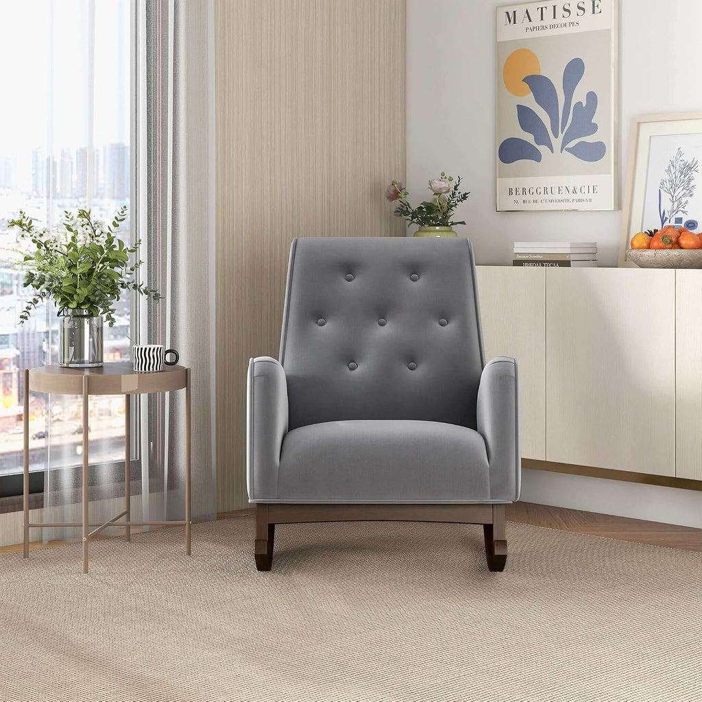 Rocking Chair, Nursery Rocking Chair, Stain Glider Rocking Chair, Light Grey Fabric Solid Wood Frame Accent Lounge Chair for Living Room Bedroom Reading, 300 lb Capacity