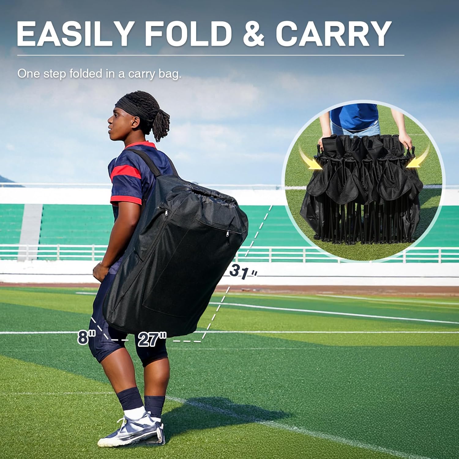 EVER ADVANCED 6 Seats Folding Soccer Team Bench with Carry Bag, Portable Soccer Sideline Chairs with Side Storage Basket, Sports Football Seating for Camping & Outdoor Games Events
