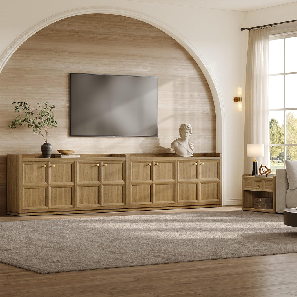SICOTAS 4-Door Buffet Cabinet, 61.7" Wide Extra Long Sideboard with 2 Separate Bays & Adjustable Shelves, Modern Credenza Storage Cabinet with Gold Handles for Kitchen Living Room, Brown Oak, 1 PCS