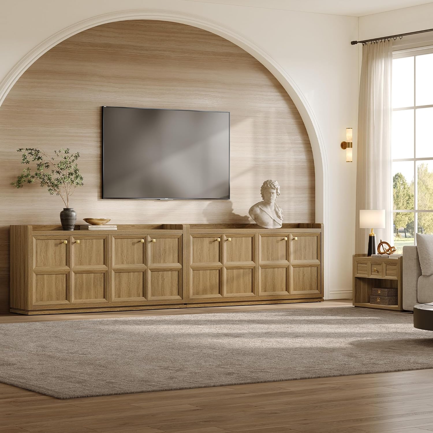 SICOTAS 4-Door Buffet Cabinet, 61.7" Wide Extra Long Sideboard with 2 Separate Bays & Adjustable Shelves, Modern Credenza Storage Cabinet with Gold Handles for Kitchen Living Room, Brown Oak, 1 PCS