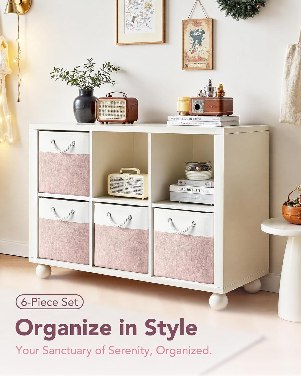 12x12 Storage Cube Bins, 6 Pack Reinforced Bottom Cardboard Foldable Box, Organizer for Closet Shelves, Heavy Home Storage Baskets (White Pink)