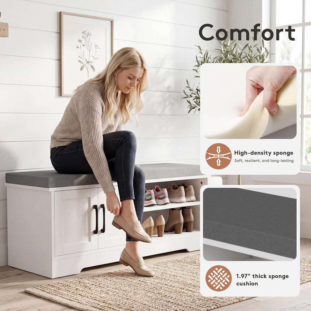 GRUSIGN Shoe Storage Bench, 2-Tier with Adjustable Shelves, Removable Cushion, 39.6'' Wide Shoe Rack Bench for Entryway Bedroom Living Room, White
