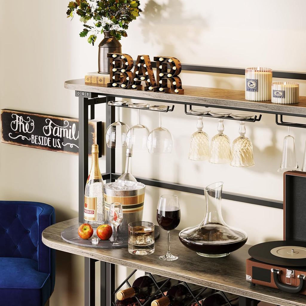 ROCHECASA Wine Rack with LED Light, Bar Table Cabinet with Glass Holder, Freestanding Coffee Bar Storage Shelves, 6-Tier Liquor Cabinet for Kitchen, Dining Room, Living Room,Grey 43.3"