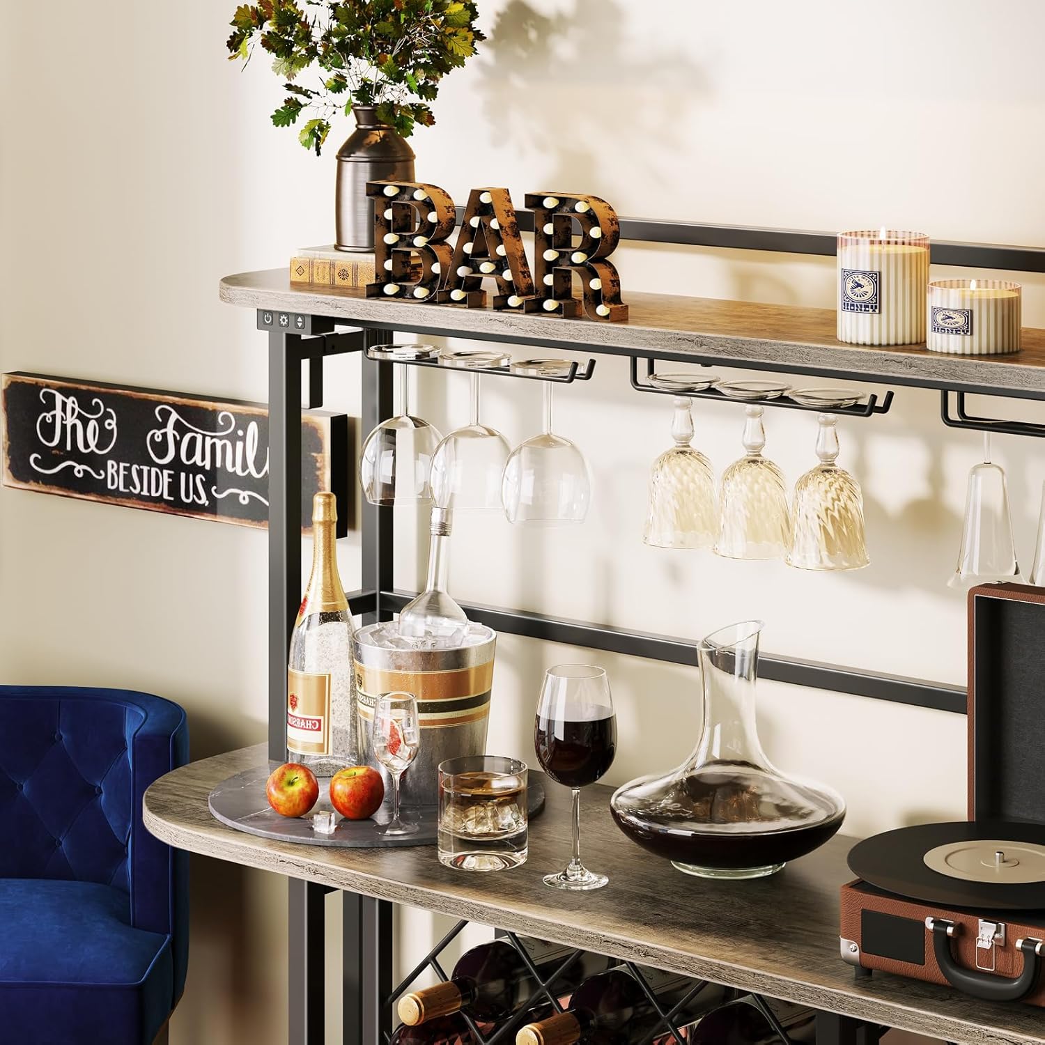 ROCHECASA Wine Rack with LED Light, Bar Table Cabinet with Glass Holder, Freestanding Coffee Bar Storage Shelves, 6-Tier Liquor Cabinet for Kitchen, Dining Room, Living Room,Grey 43.3"