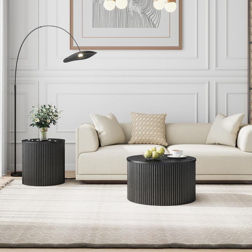 Nesting Coffee Table Set of 2, Modern Round Black Wood Coffee Table with Built-in Storage, Mid-Century Accent Side Table for Living Room, Kitchen, Small Apartment