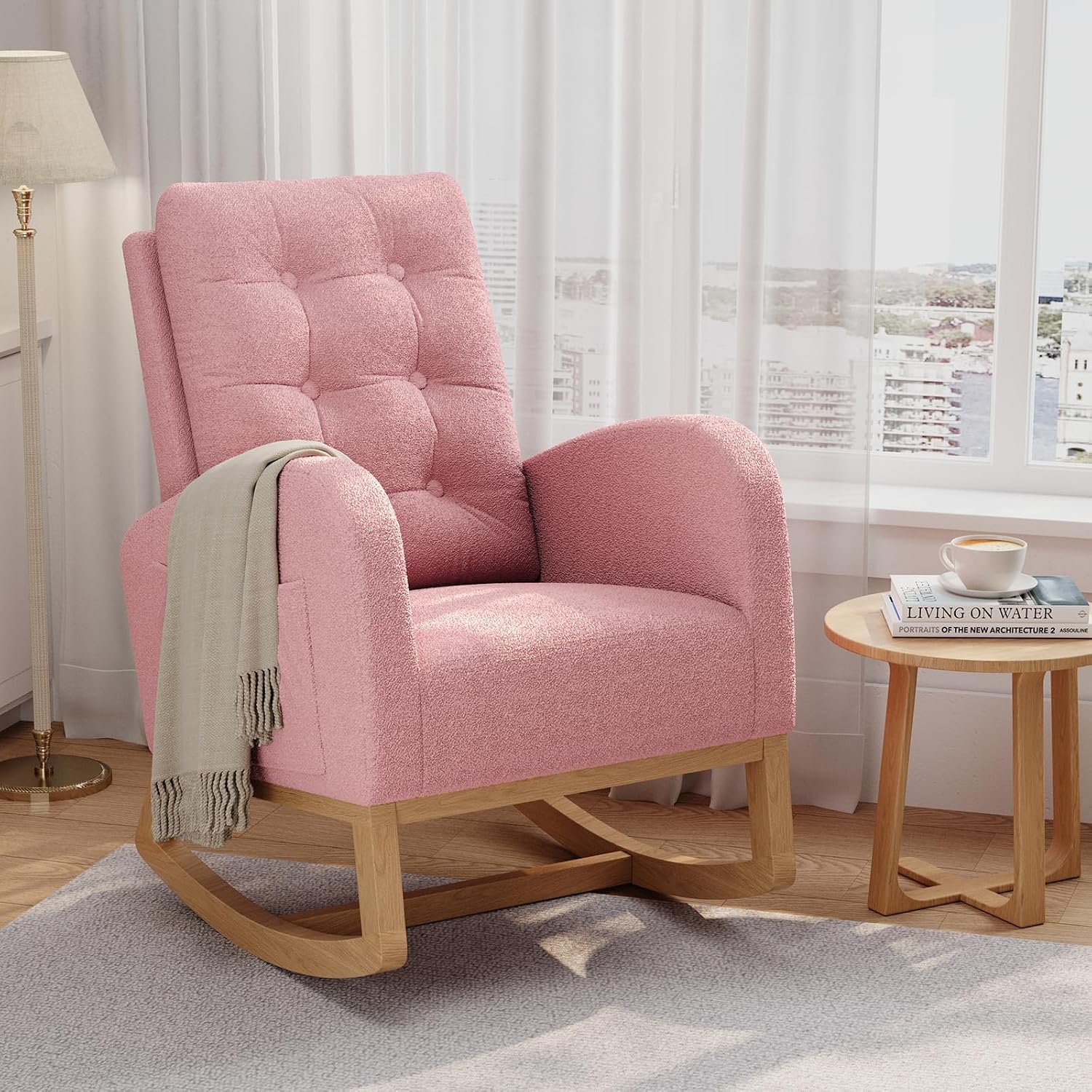 Modern Nursery Rocking Chair – High Backrest, Sturdy Wooden Legs, Soft Pink Lambswool Upholstery, Ergonomic Glider with Side Pocket, Cozy Accent Chair, Pink Lambswool Without Footrests