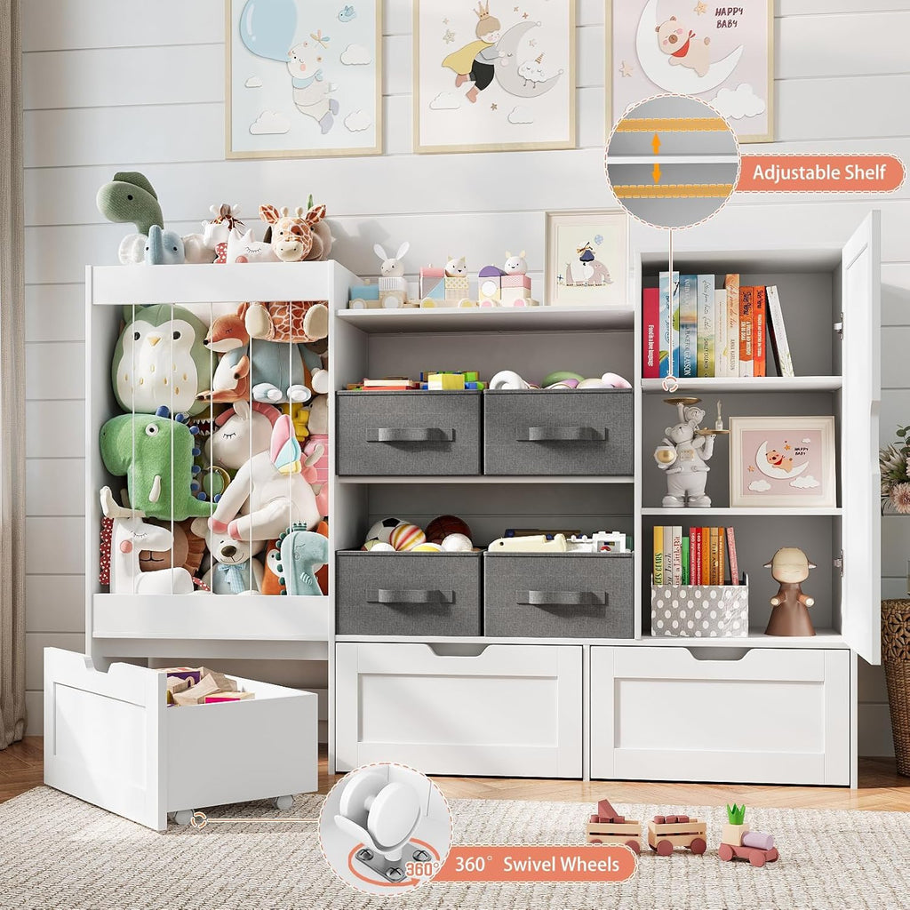 61" W Kids Toy Storage Organizer with Stuffed Animal Storage, 3 Movable Storage Drawers, 4 Removable Storage Bins, Wooden Bookshelf with Magnetic Drawing Board for Kids Room & Playroom, White
