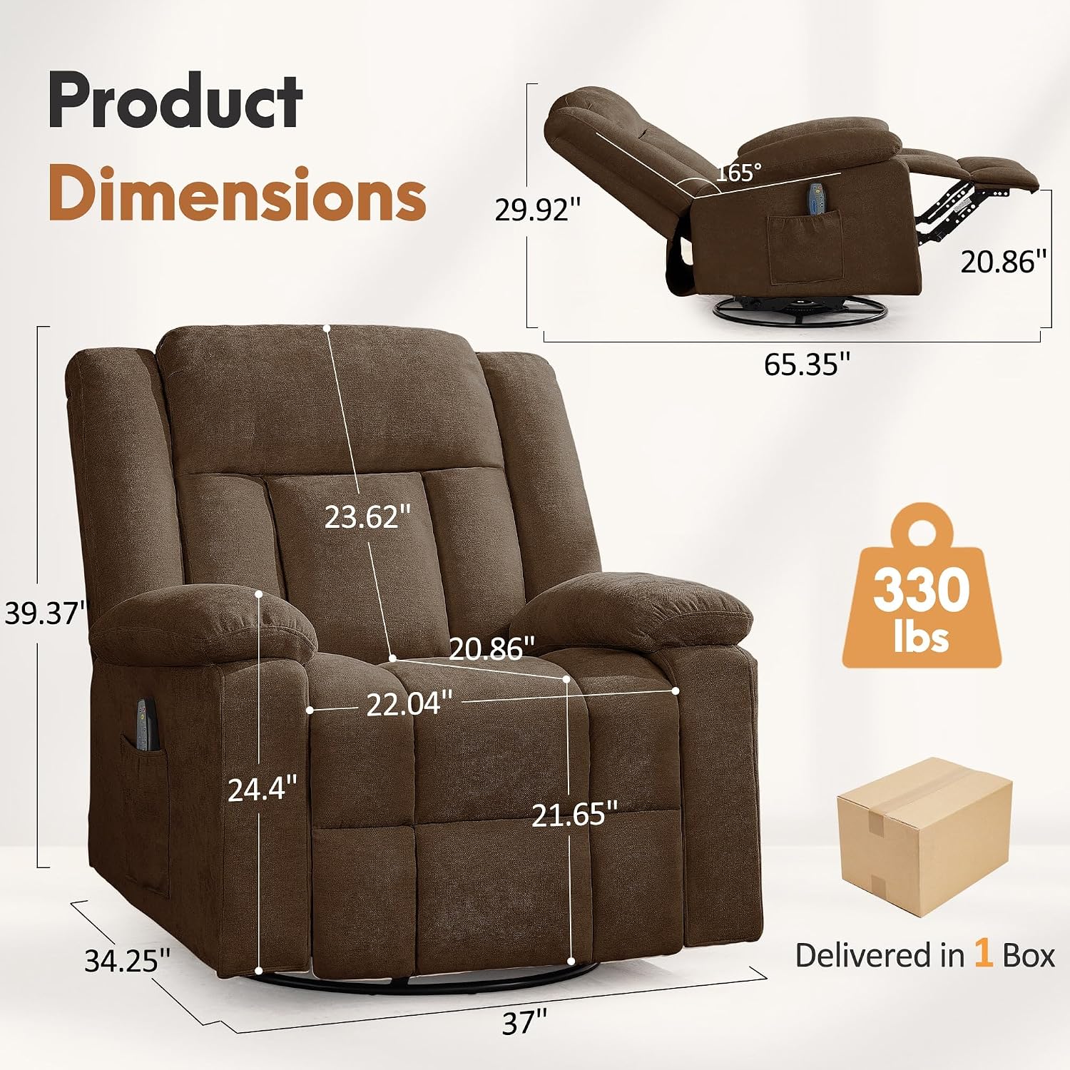 Korser Rocker Recliner Chair for Adults, 360° Swivel Rocker Recliner with Massage and Heating, Nursery Rocking Chairs with Side Pockets, Manual Reclining Chair for Living Room