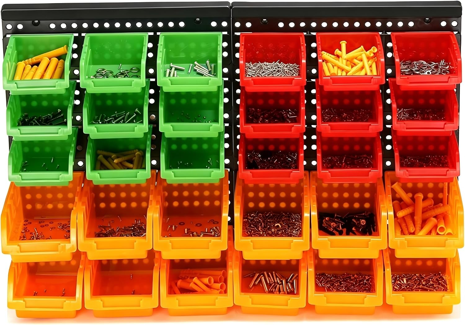 30-Bin Wall Mounted Storage Bins Kit, Tool Organizer Rack, Garage Hardware Organizer, Parts Storage Bins, DIY Combination(Red & Green & Orange Type)