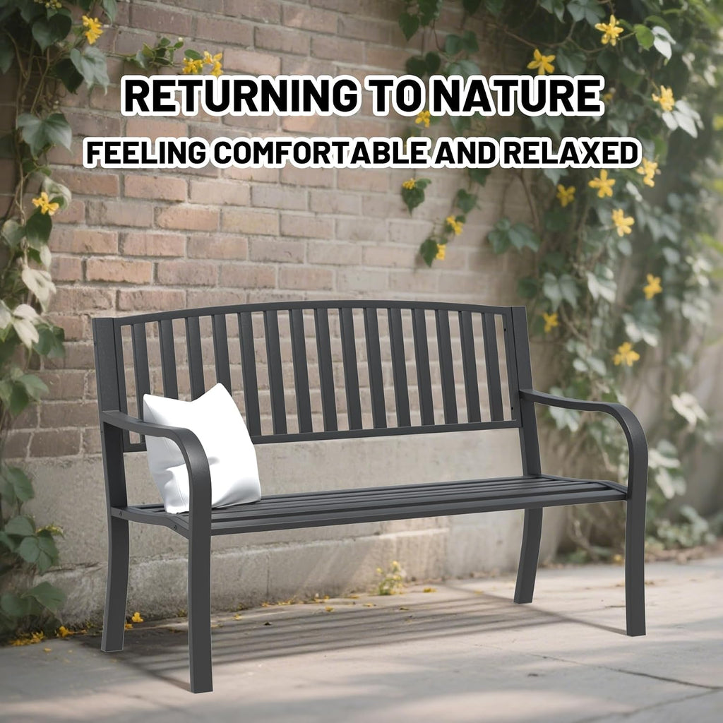 YLGJ&TIDY 50 Inches Garden Benches for Outdoor Patio Bench with Stripe Pattern Backrest Armrest Weatherproof Park Benches Metal Bench for Garden Park Porch Lawn Yard (Vertical Line)