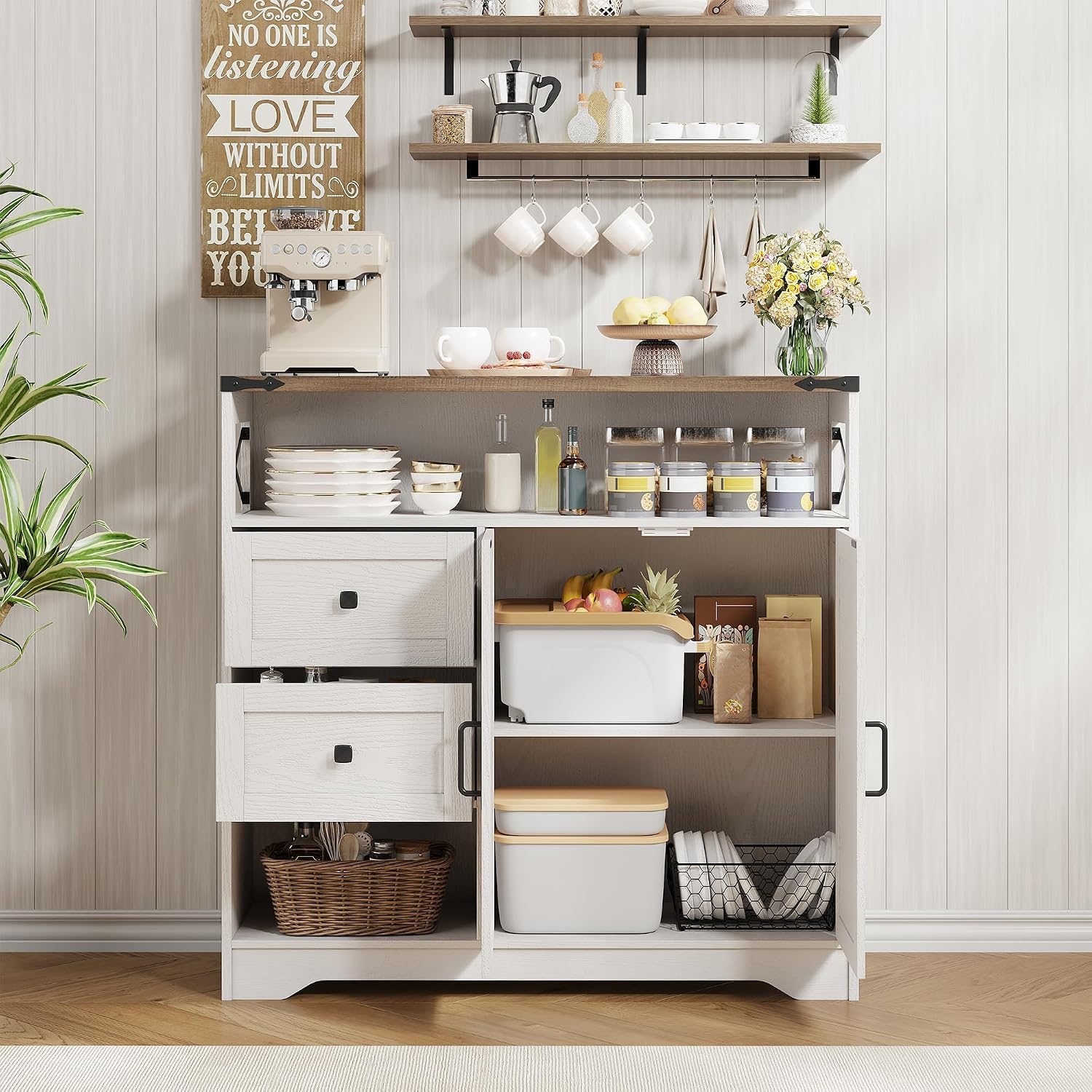 Vabches Farmhouse Buffet Sideboard Cabinet with Drawers and Open Shelf, 38.5" Storage Cabinet with Adjustable Shelves and Door, Modern Coffee Bar Hutch Pantry for Kitchen, Living Room, Entryway, White