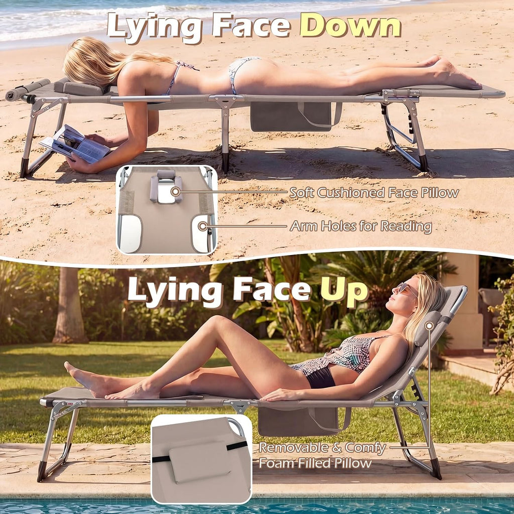GYMAX Tanning Chair, 3 in 1 Sun Bathing Lounge Chairs with Face/Arm Holes & Side Pocket, Portable Lightweight Face Down Layout Tanning Chair for Outside, Beach, Backyard, Poolside (1, Sand)
