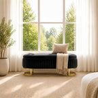 50.5" Modern Velvet Storage Bench, Luxury Channeled Queen Size End of Bed Bench with Hidden Storage and Gold Legs, Modern Glam Ottoman Bench for Bedroom, Living Room, Entryway, Black