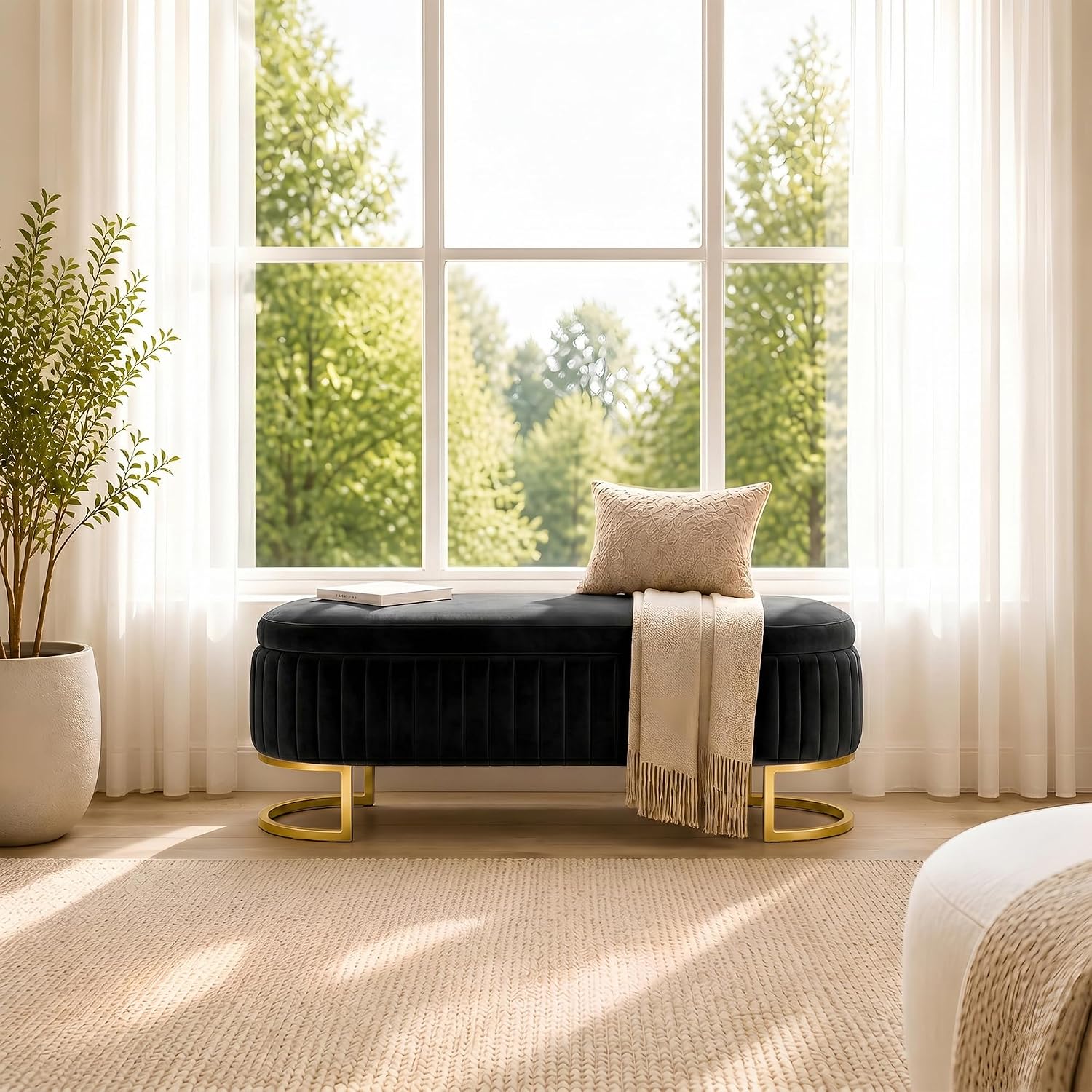50.5" Modern Velvet Storage Bench, Luxury Channeled Queen Size End of Bed Bench with Hidden Storage and Gold Legs, Modern Glam Ottoman Bench for Bedroom, Living Room, Entryway, Black