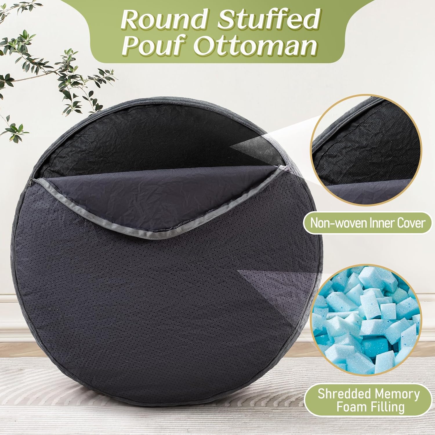 Round Corduroy Footstool Pouf for Couch | Soft plush shredded foam filled hassock stool. Perfect for living room use as foot rest or ottoman.