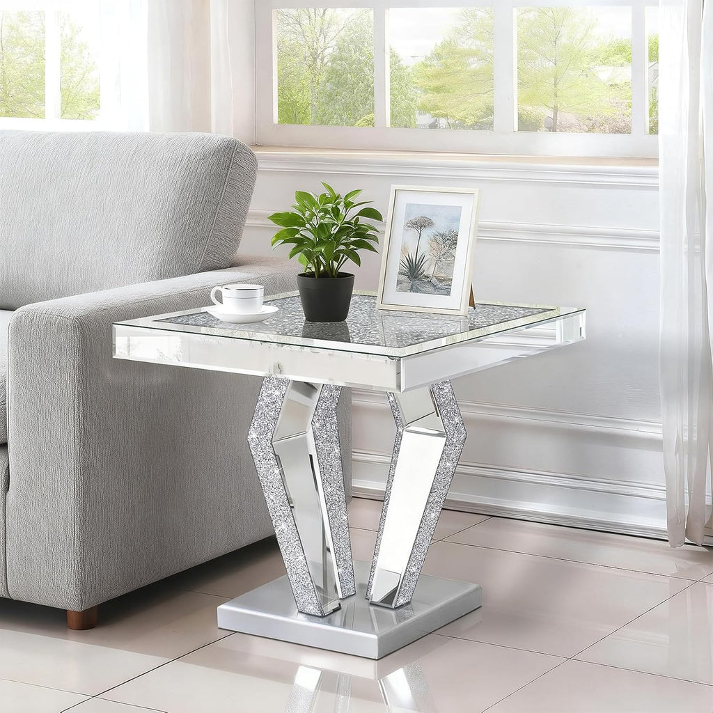 Silver Mirrored End Table with Crystal Inlay, Modern Side Table Accent Table, Square Small Coffee Table for Living Room, Bedroom 23" D x 23" W x 24" H