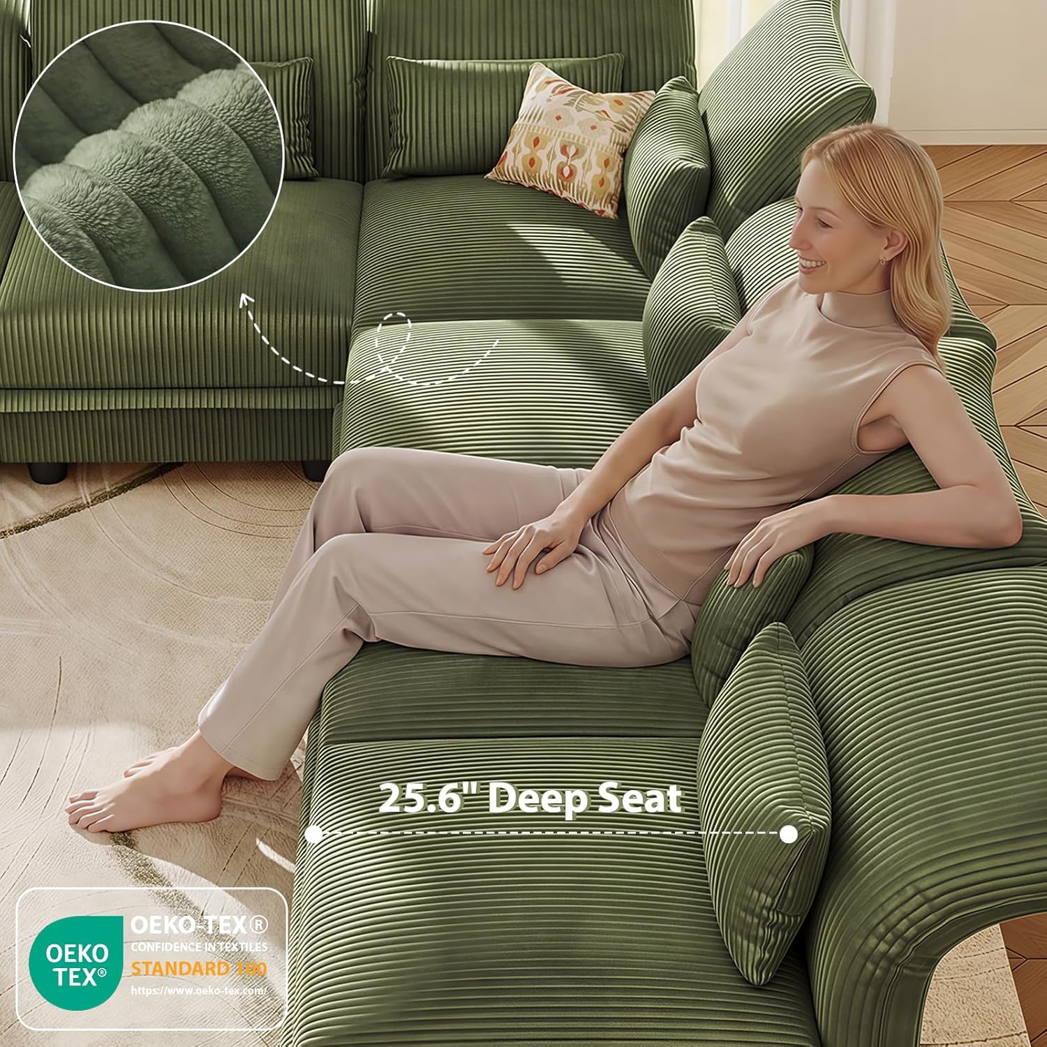 LLappuil Corduroy Sectional Sofa with Storage Ottoman, L Shaped Modular Sectional Couches for Living Room with Adjustable Arms Backs, Plush Supportive Cushions, 6 Seat, Green | Tool Free Assembly