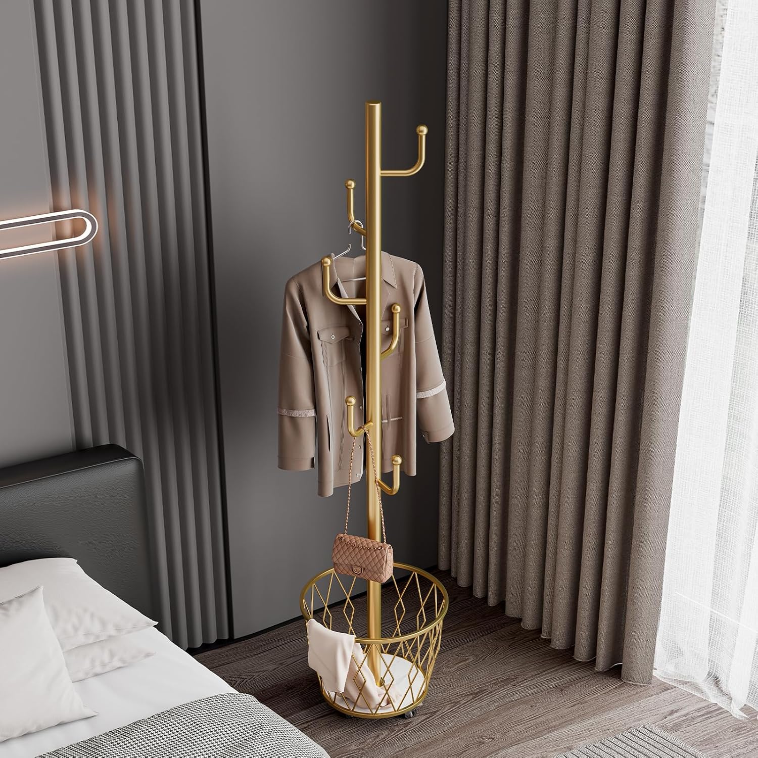 SYO Portable single-pole coat rack with 6 hooks and storage basket; floor-standing coat rack for bedroom and hallway; casters for easy movement; modern minimalist design.