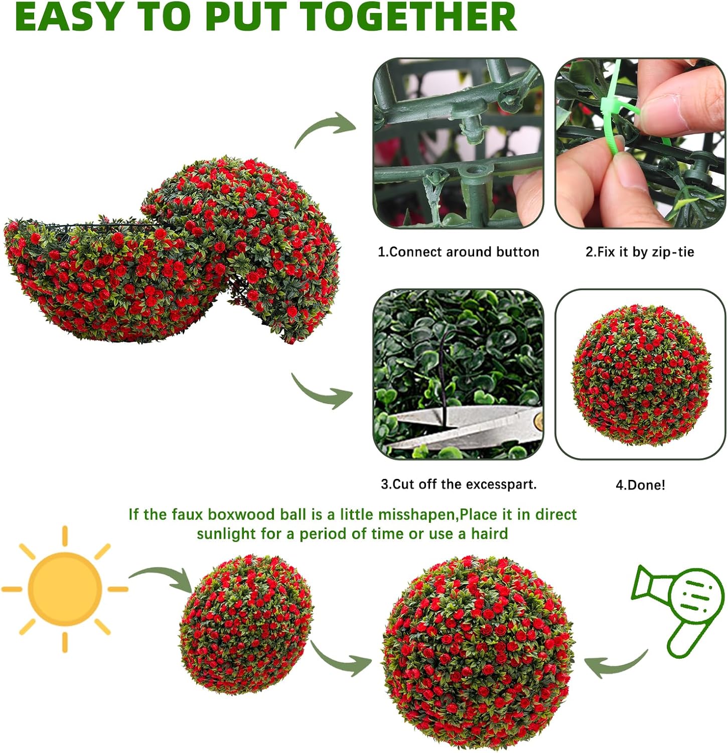 21 Inch Artificial Topiary Balls Set of 2, Artificial Topiary Flower Balls with Chains and Zip Tiles,Hanging Rose Flower Balls for Home Decor,Wedding, Office,Red