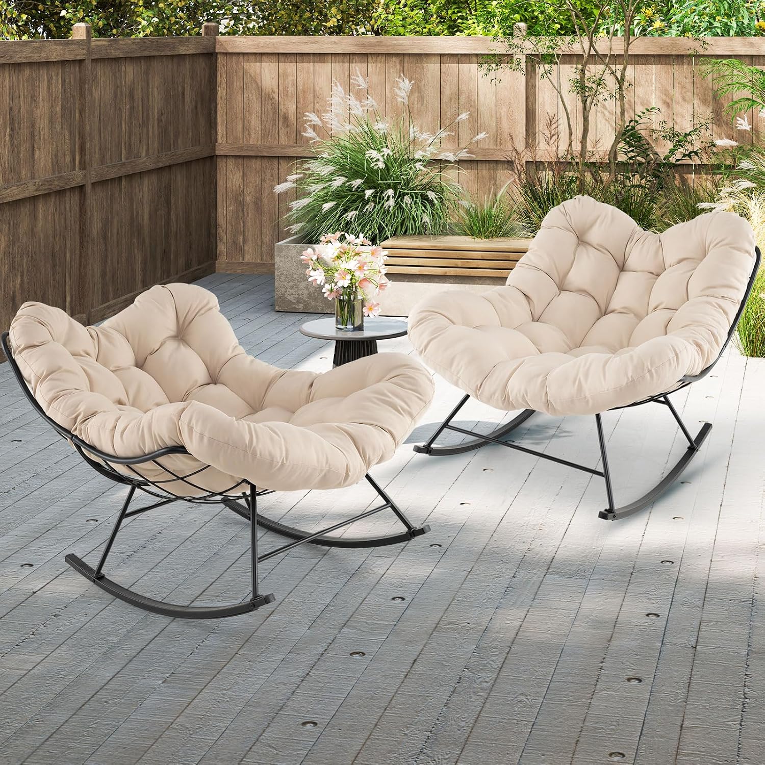 Giantex Outdoor Rocking Chair, Indoor Oversized Egg Papasan Chair with Padded Cushion, Patio Rocker Chair w/Metal Frame for Porch Garden Backyard, 450 lbs Capacity, Beige