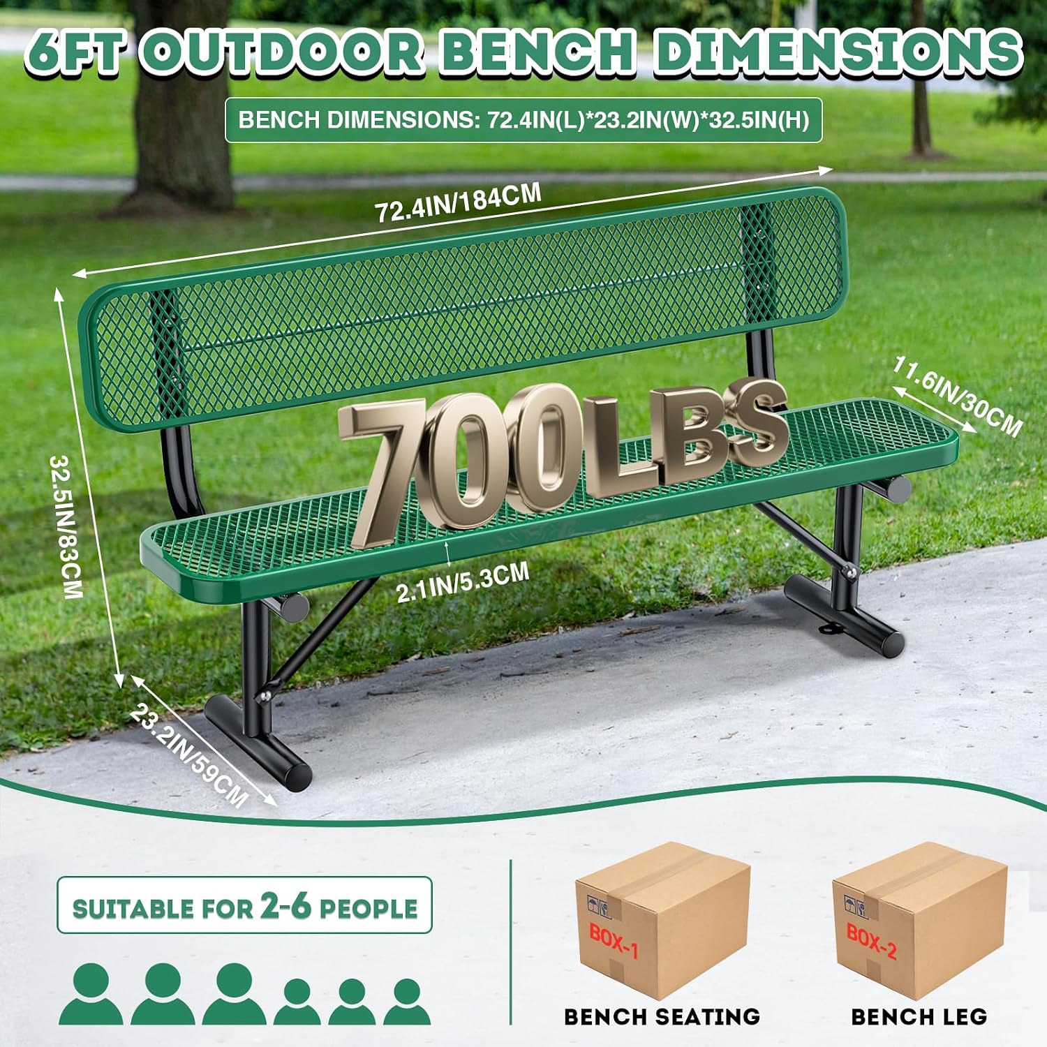 6FT/72INCH Heavy Duty Metal Park Bench for Outside, Outdoor Garden Benches with Backrest & Portable Frame, Expanded Metal Mesh Bench for Shopping Malls, Lawn, Park, Deck, Patio, Porch, Green