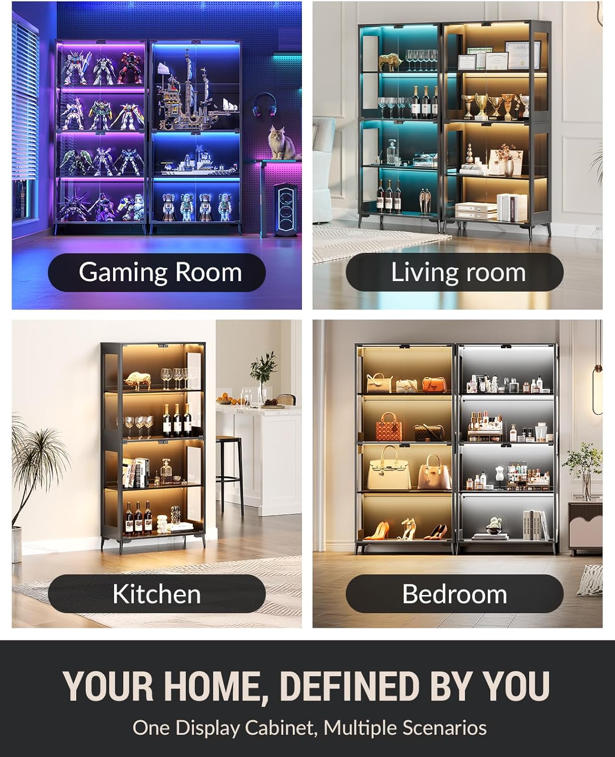 Glass Display Cabinet with Doors, 4-Tier Display Case with Adjustable Shelves, RGB LED Lights with App & Remote Control, Curio Storage Cabinet with Metal Base for Collectibles, Books, Black