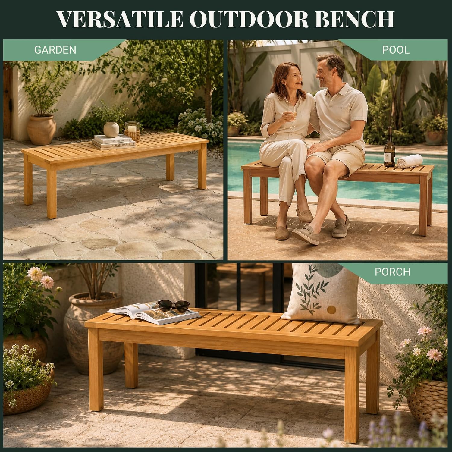 Shower Bench 20 Inch, Golden Teak Eucalyptus Wood Bath Seat – Non-Slip, Water Resistant, Heavy Duty