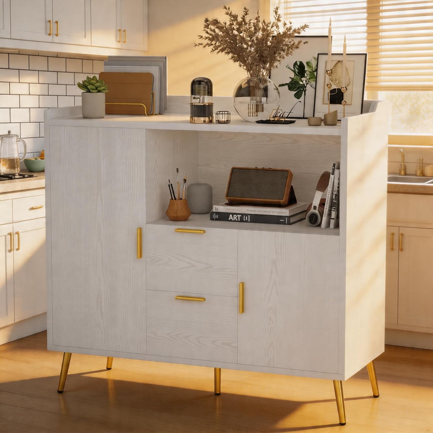 40 Inch Sideboard Buffet Cabinet with Storage & Drawers, Sturdy Wood Kitchen Cabinet with Waterproof Surface for Easy Maintenance