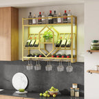 HOOBRO Wall Mounted Wine Rack with LED Light, 31.5" Wine Shelf, 3 Tier Wine Bottle Display Shelf with Glass Holder, Hanging Bar Liquor Storage Rack, for Kitchen, Bar, Gold and White DW73DBJ01