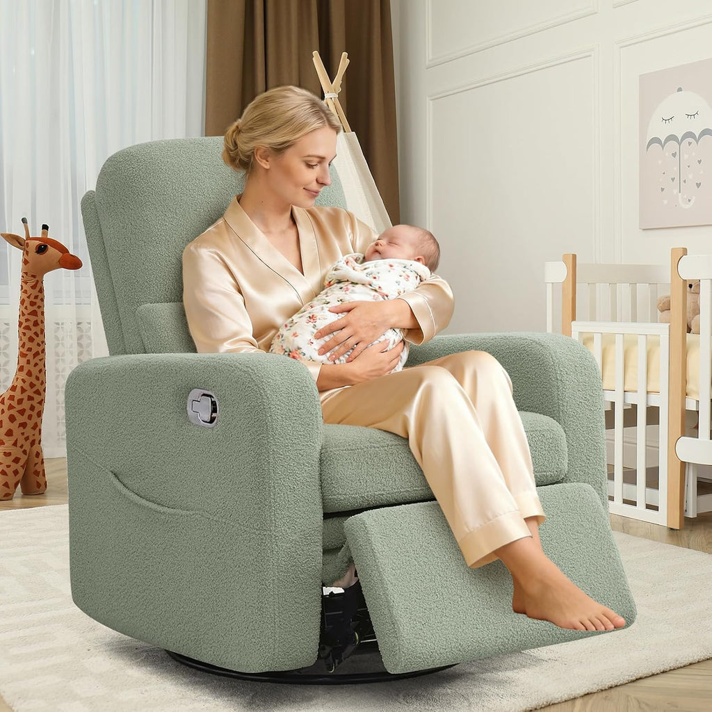 Swivel Rocker Recliner, Oversized Manual Boucle Nursery Glider Rocking Recliner Chair with Removable Cushion, Upholstered Teddy Swivel Reclining Chair for Nursery Living Room Bedroom, Green