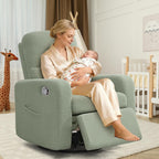 Swivel Rocker Recliner, Oversized Manual Boucle Nursery Glider Rocking Recliner Chair with Removable Cushion, Upholstered Teddy Swivel Reclining Chair for Nursery Living Room Bedroom, Green