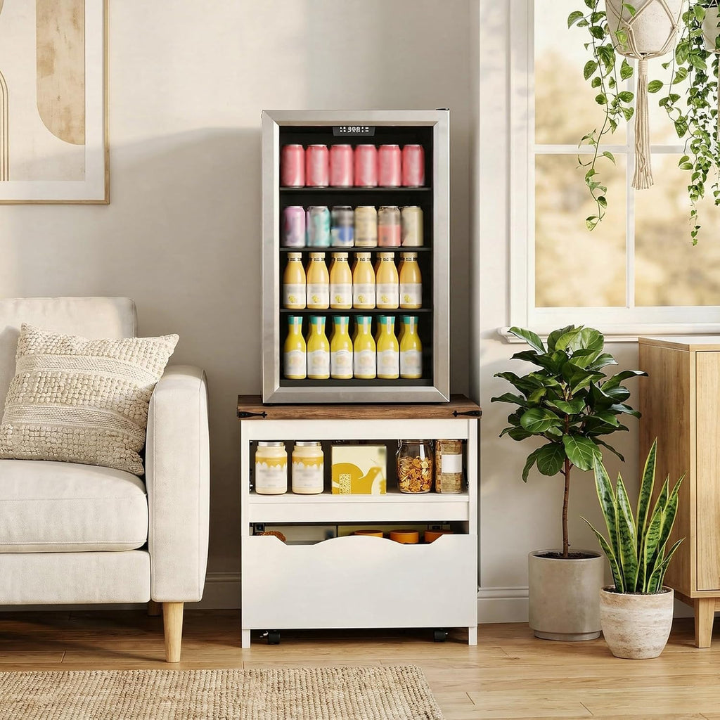 YATINEY Mini Fridge Stand with Storage, Refrigerator Stand with Mobile Drawer, Mini Fridge Cabinet for Heavy Microwave Stand, Mini Fridge Cart for Dorm, Bedroom, Kitchen,White and Walnut HB50WH