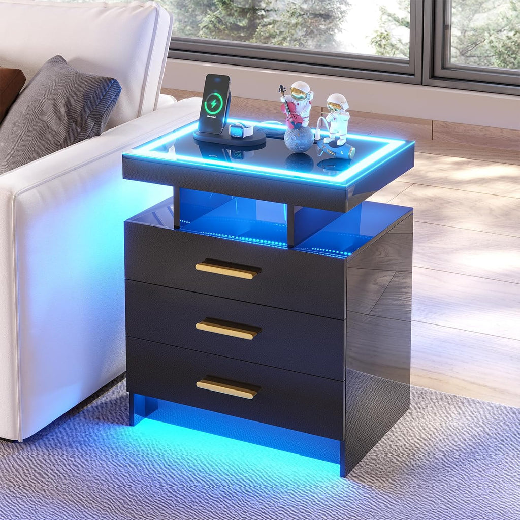 HNEBC Black Nightstand with 3 Drawers& Wireless Charging Station&LED Lights | Smart Bedside table with USB -C Port,3-Color Dimmable Light,Motion Sensor,Glass Top,Higt-Gloss for Bedroom,Ideal Home Decor