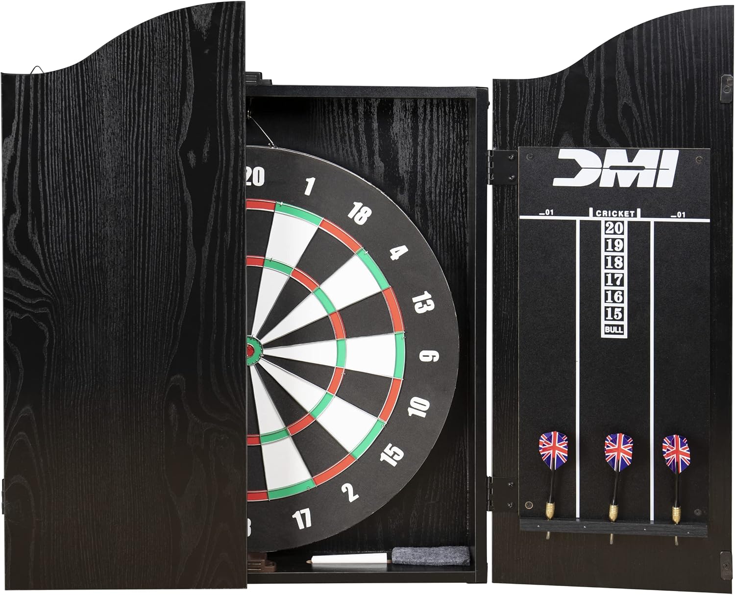 DMI Americana Dartboard Cabinet Set with 18-Inch Paper Dartboard, Reversible Baseball Game, Built-in Cricket Scoring, Darts, Chalk & Mounting Hardware – Classic Black Finish