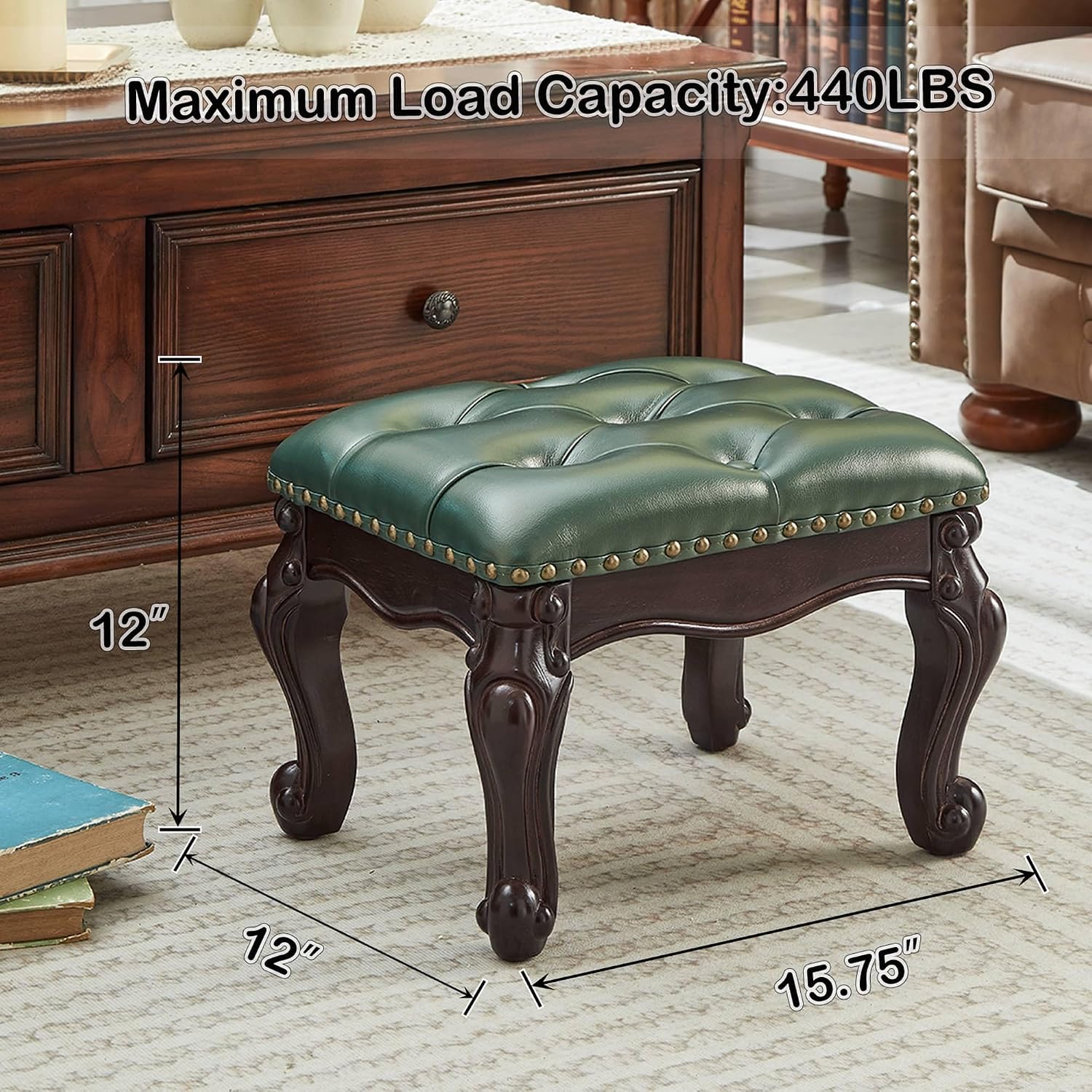 Foot Stools Ottoman, Small Vintage Leather Footstool for Living Room, Solid Wooden Ottoman Foot Rest,Shoe Change Bench at the Entrance (Dark Green)