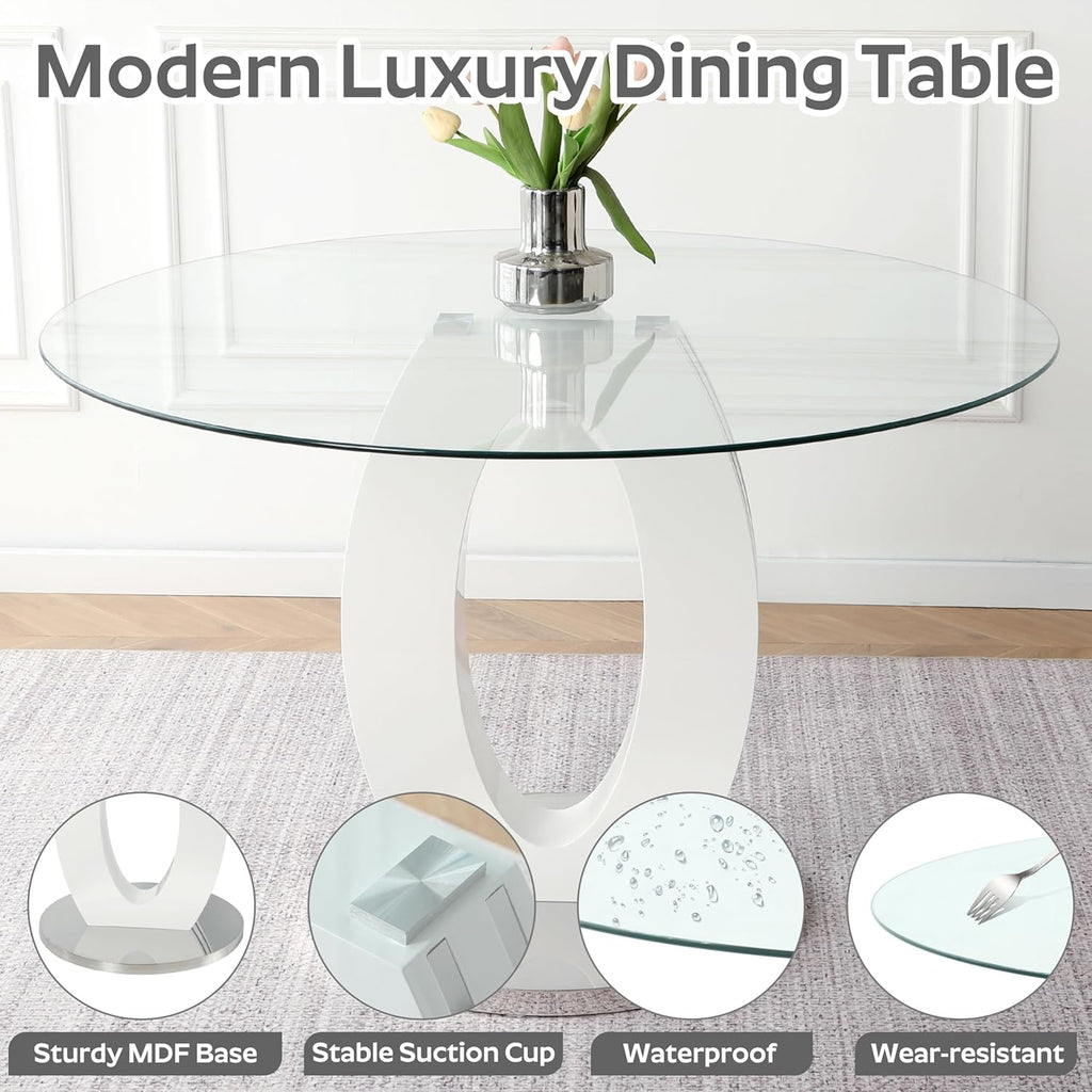 RGZ 39'' Modern Luxury Clear Glass Round Dining Table for 4-6, Glass Circle Top Kitchen Table with Elegant Silver Decorative Strips & White Silver Base, Dinner Table for Home, Living Room, Apartment