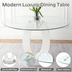 RGZ 39'' Modern Luxury Clear Glass Round Dining Table for 4-6, Glass Circle Top Kitchen Table with Elegant Silver Decorative Strips & White Silver Base, Dinner Table for Home, Living Room, Apartment