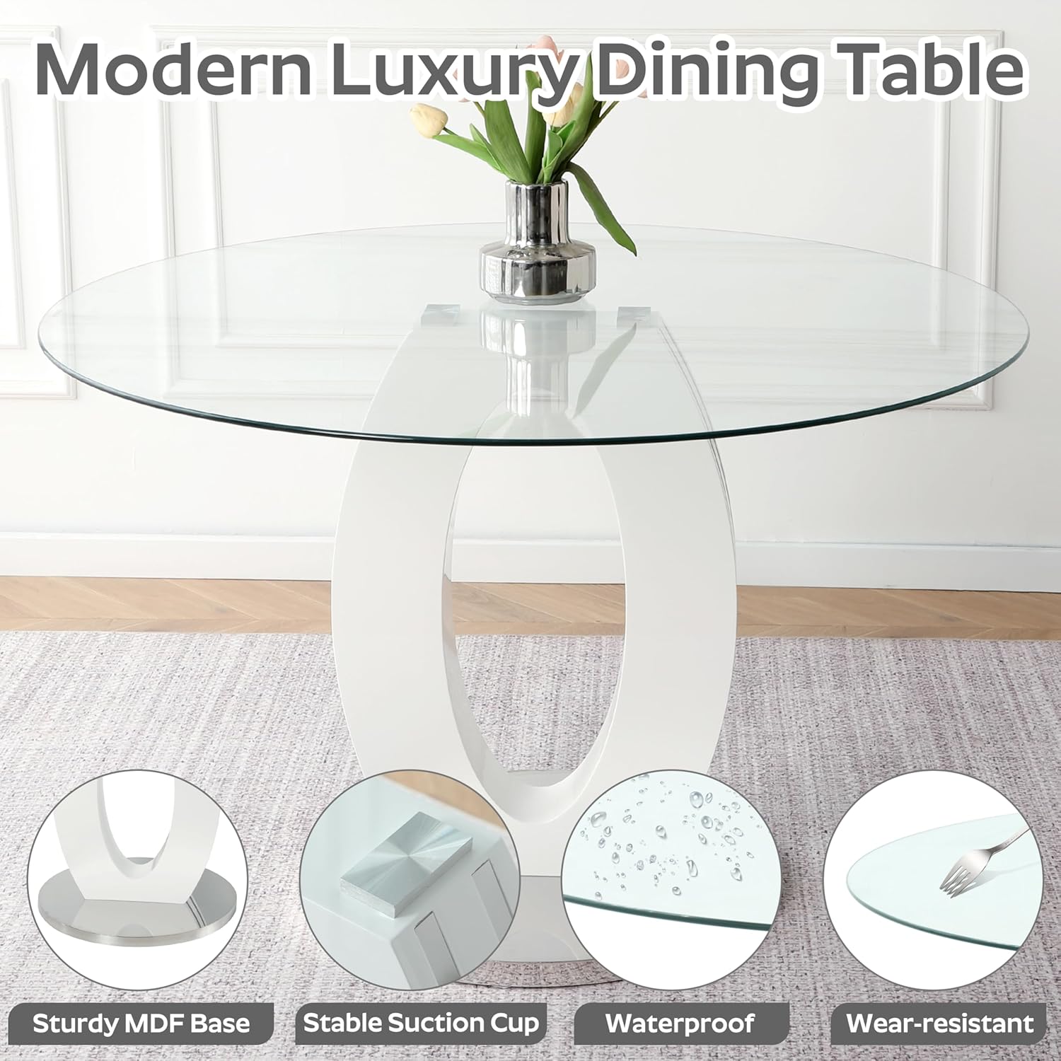 RGZ 39'' Modern Luxury Clear Glass Round Dining Table for 4-6, Glass Circle Top Kitchen Table with Elegant Silver Decorative Strips & White Silver Base, Dinner Table for Home, Living Room, Apartment
