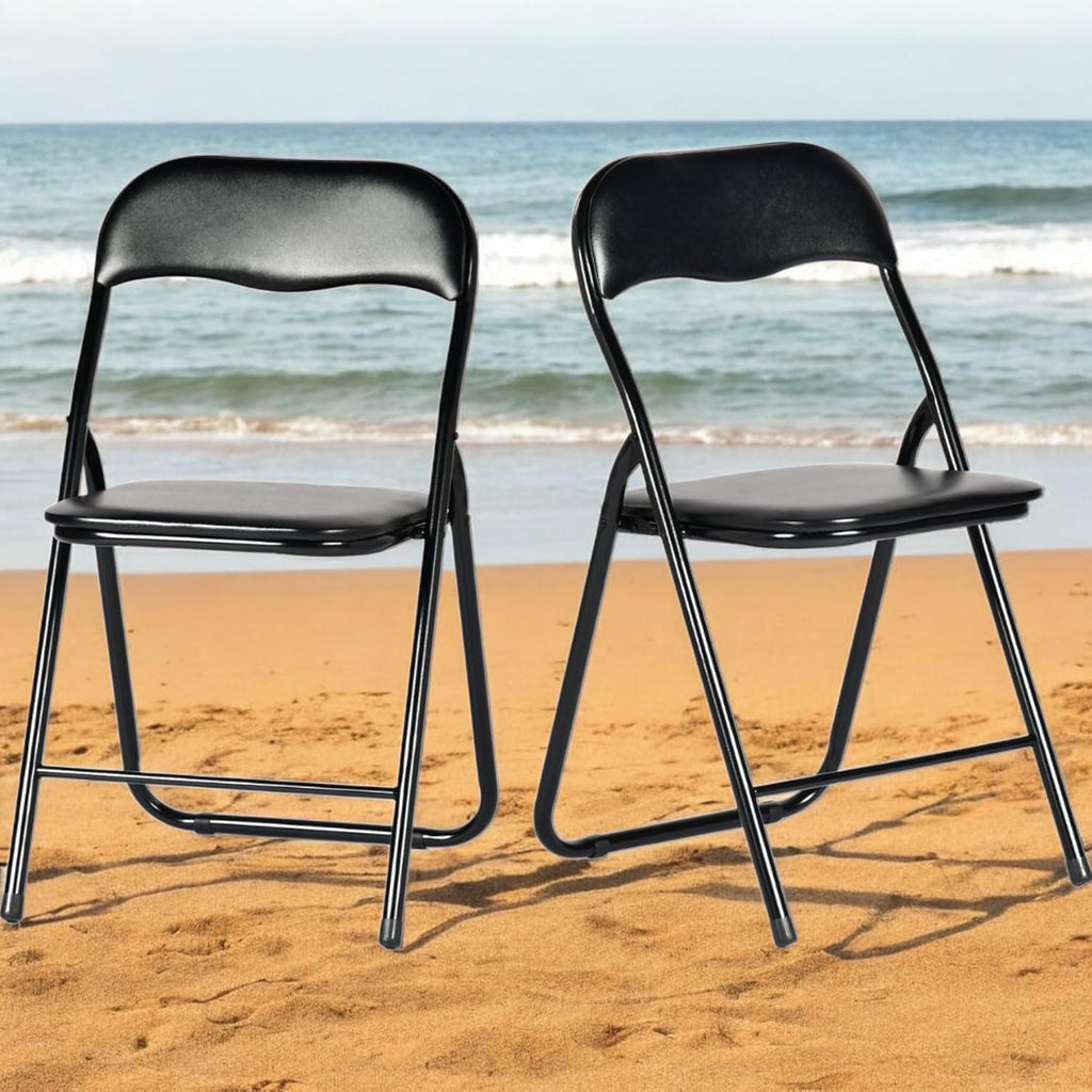 FurnitureR Steel Folding Chairs Foldable Chair with Padded Seats for Desks Home Office Waiting Room Guest Reception Party Poker Stackable Conference Chairs (Black PVC Ⅰ, 2-Pack)