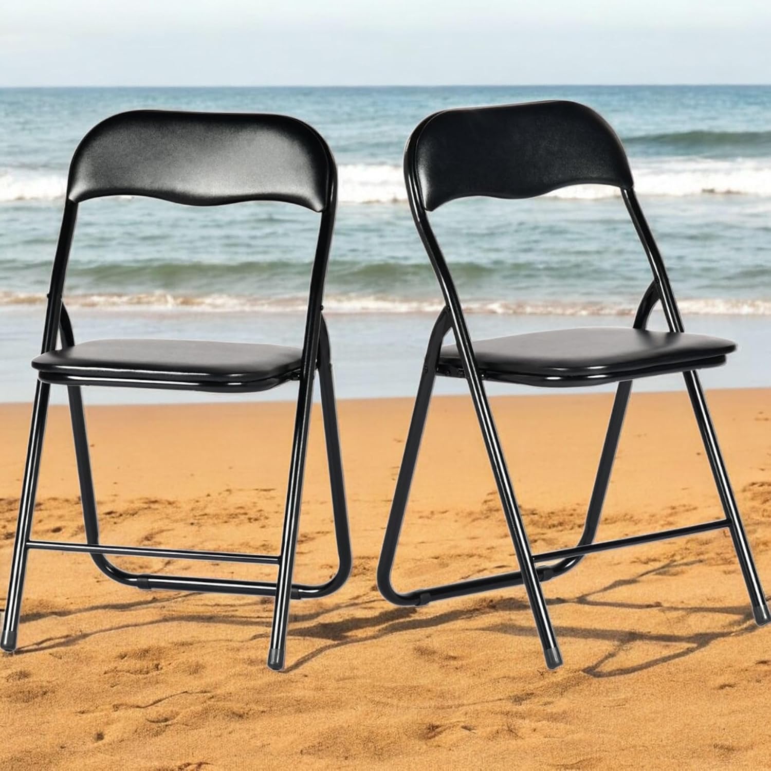 FurnitureR Steel Folding Chairs Foldable Chair with Padded Seats for Desks Home Office Waiting Room Guest Reception Party Poker Stackable Conference Chairs (Black PVC Ⅰ, 2-Pack)