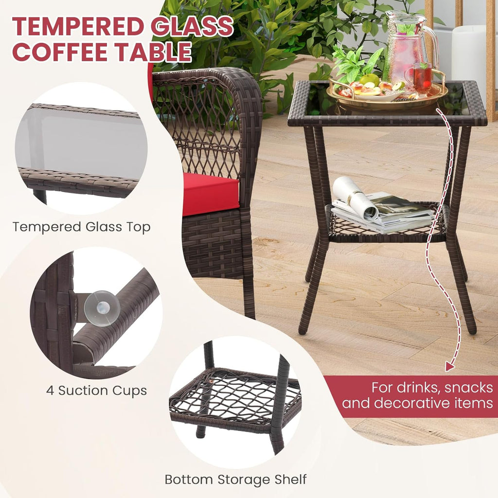 ORALNER 3 Pieces Patio Furniture Wicker Rocker Set, Outdoor Rocking Chairs with Cushions, Pillows, Glass Coffee Table, Rattan Bistro Set for Balcony Front Porch Poolside Garden Deck (Red)