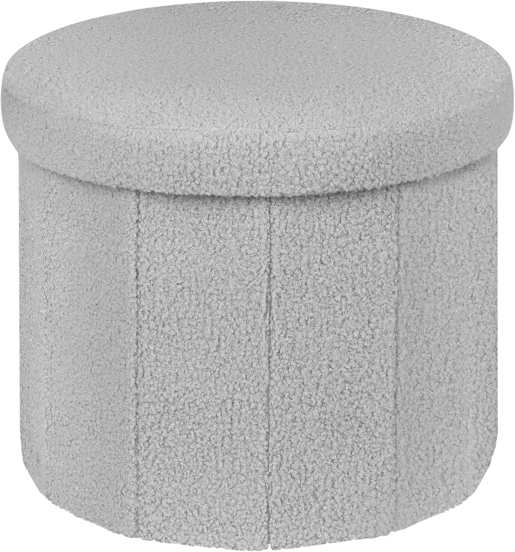 BoxedHome Dorm Room Storage Round Cute Ottoman with Storage Boucle Foot Stool Footrest for Lving Room, Support 220lbs, Gray 15"x15"x12.6"