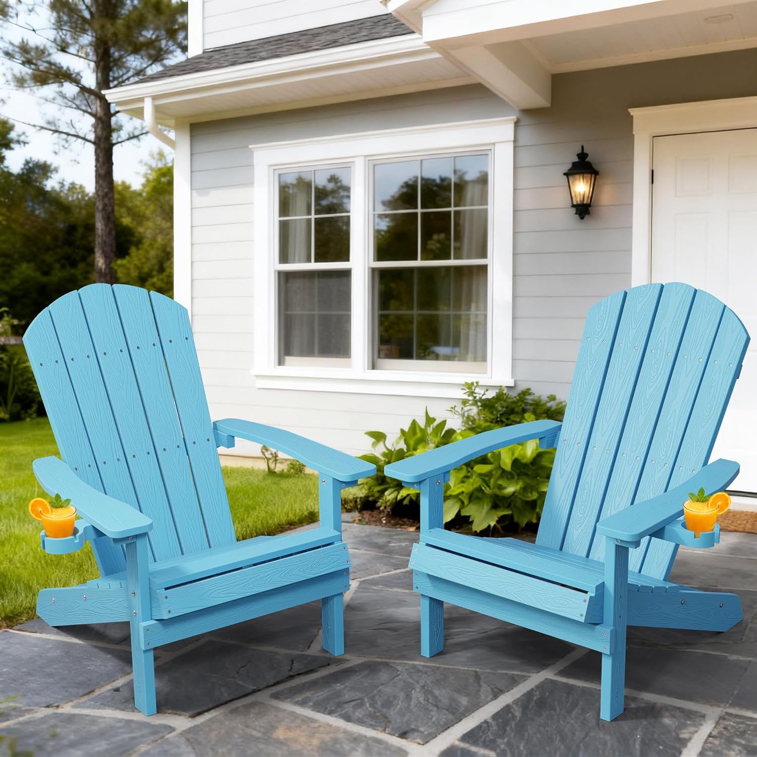 YEFU Adirondack Chair Weather Resistant: Outdoor Chair HIPS Plastic Adirondack Chairs - Patio Chairs with Cup Holder & Wood Texture - Lawn Fire Pit Deck Porch Garden Chairs for Adults (Blue)
