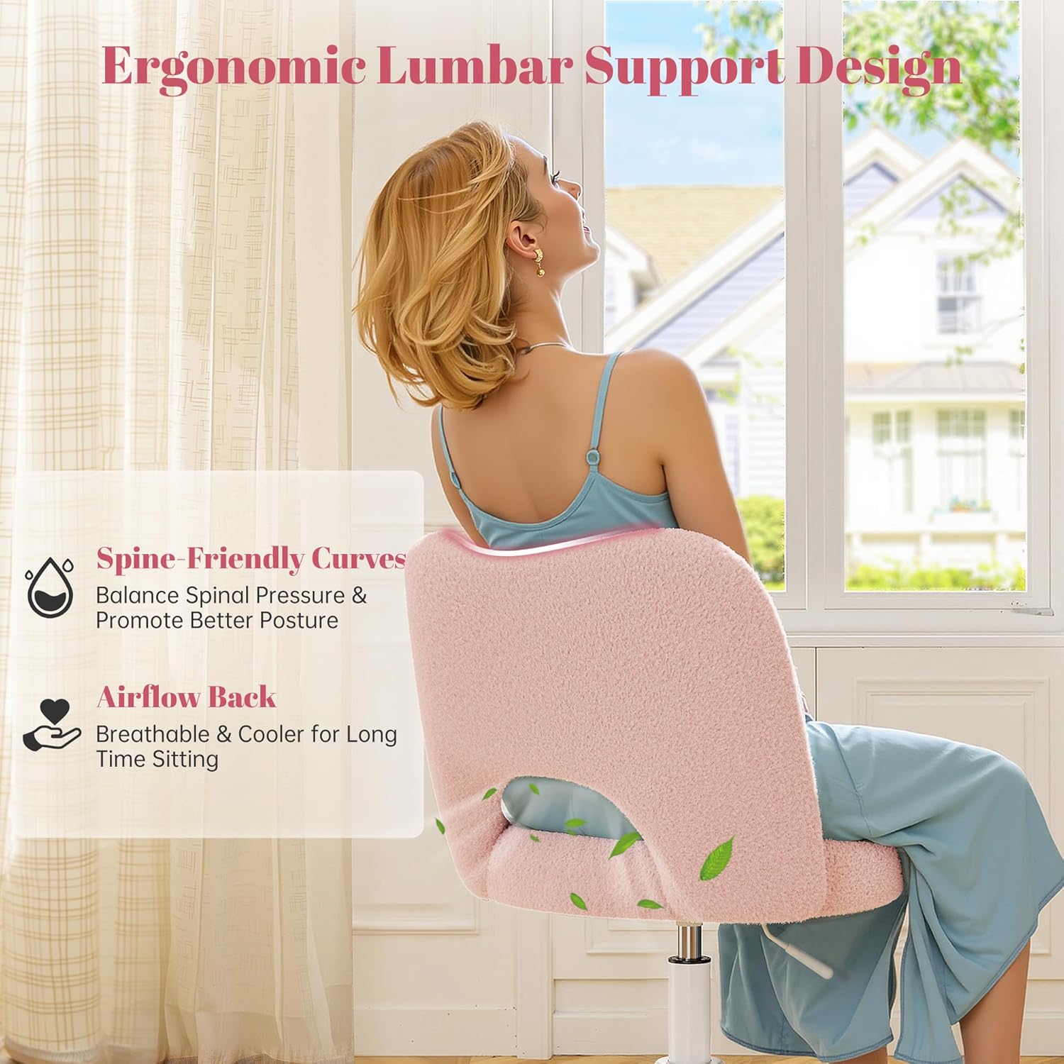 DurayLoly Vanity Chair with Open Hollow Back, Armless Desk Chair with Silent Wheels, Height Adjustable, Soft Teddy Fabric, 360° Swivel for Bedroom Vanity & Home Office, Candy Pink