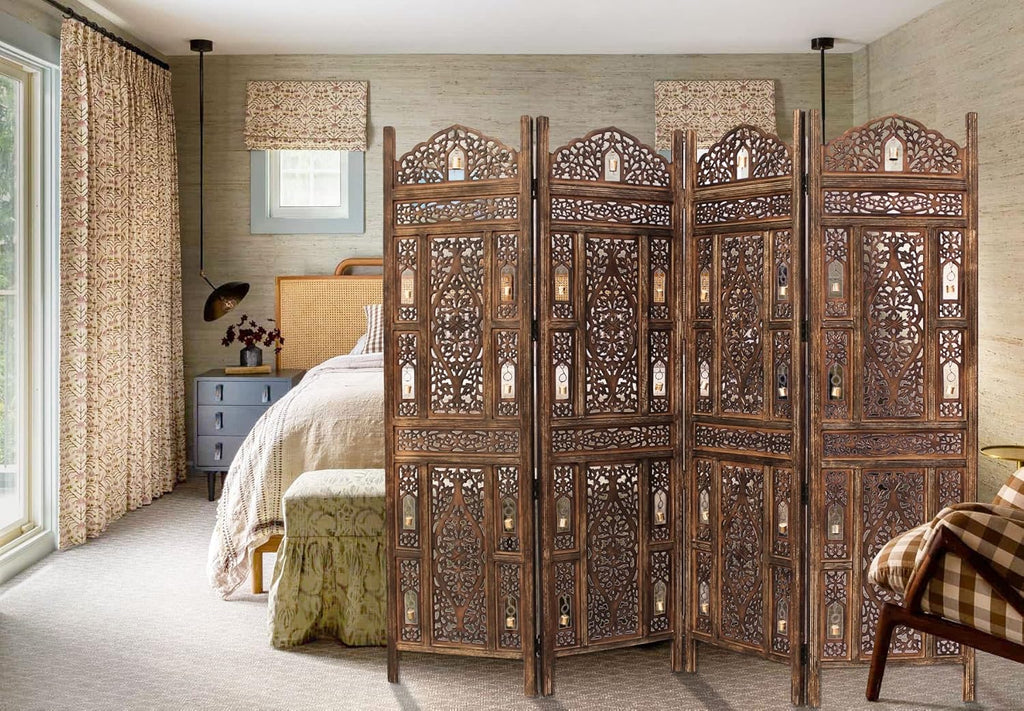 Room Divider Wood Screen - Ghanti Bells Antique Brown - 4 Panel Folding 72 x 80 - Assembled Hand Carved Decorative Functional Versatile Portable Partition Reversible Privacy Boho - COTTON CRAFT