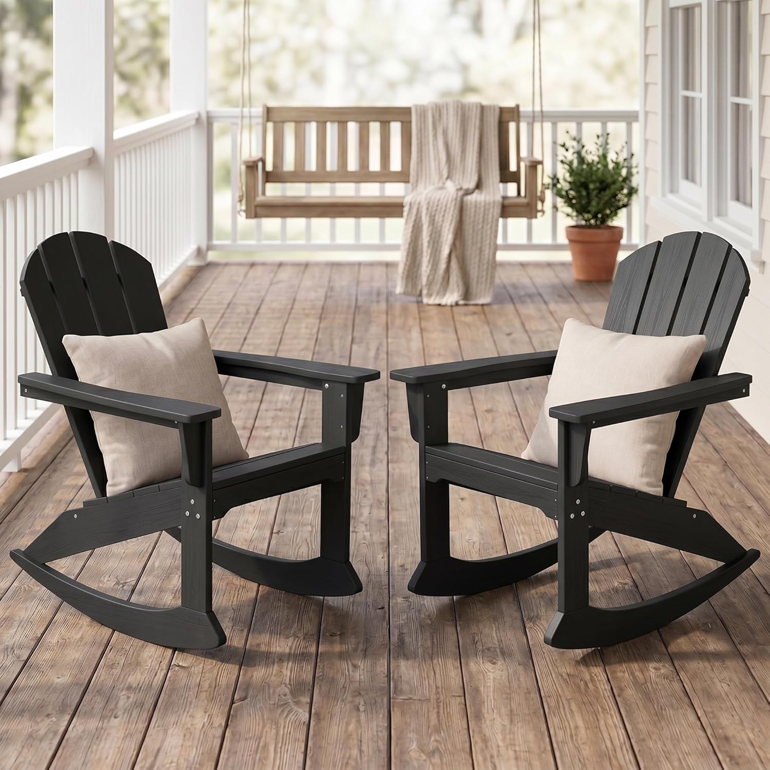 SERWALL Outdoor Adirondack Rocking Chairs Set of 2 with Pillows(500 PP Cotton Filling), All-Weather HDPE Adirondack Rocker Chair, Front Porch Rocker Chairs for Patio Lawn Porch Deck, Black