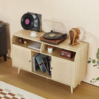 RARZOE Large Record Player Stand, Mid Century Turntable Stand Table Holds Up to 400 Albums, Vinyl Record Storage Cabinet with Sliding Doors for Living Room Office, Natural