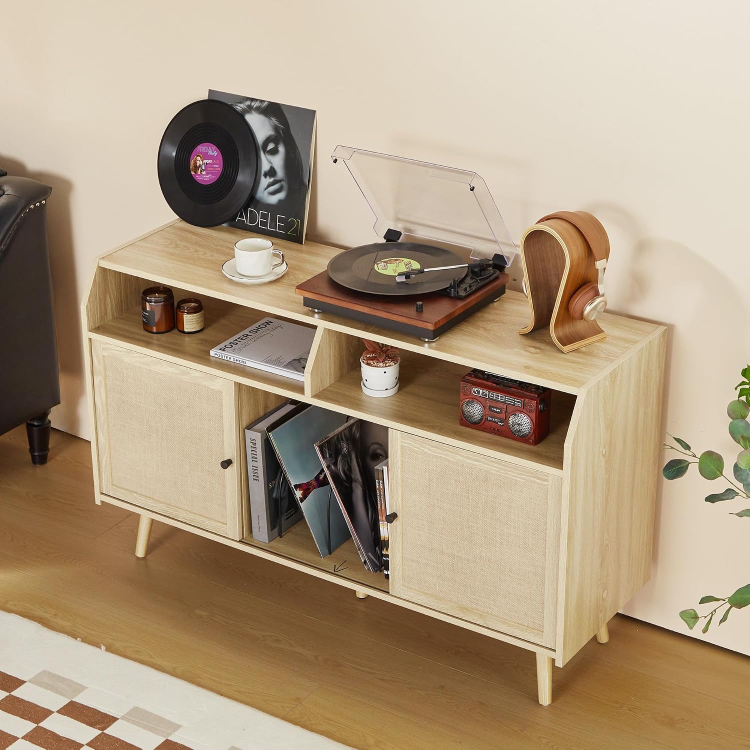 RARZOE Large Record Player Stand, Mid Century Turntable Stand Table Holds Up to 400 Albums, Vinyl Record Storage Cabinet with Sliding Doors for Living Room Office, Natural
